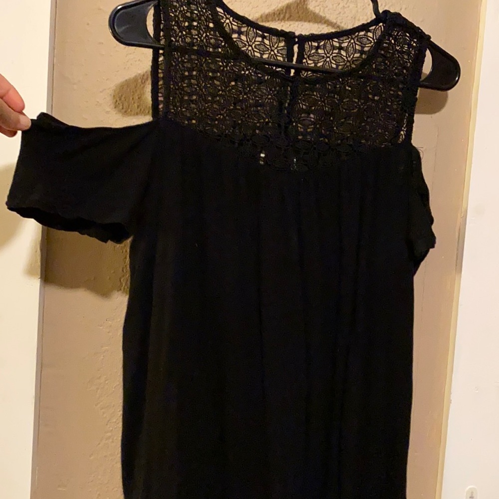 Black cold shoulder top with lace detail neckline